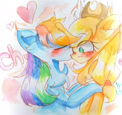 Size: 2160x2045 | Tagged: safe, artist:applejack_yokai, derpibooru import, applejack, rainbow dash, earth pony, pegasus, pony, appledash, blushing, female, heart, kissing, lesbian, mare, nose kiss, shipping