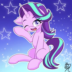 Size: 2048x2048 | Tagged: safe, artist:zeon_starlight, derpibooru import, starlight glimmer, pony, unicorn, blushing, cute, female, glimmerbetes, high res, looking at you, mare, one eye closed, open mouth, open smile, signature, sitting, smiling, smiling at you, solo, wink, winking at you