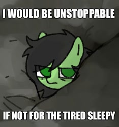 Size: 500x534 | Tagged: safe, artist:omelettepony, derpibooru import, oc, oc only, oc:anon filly, earth pony, pony, caption, earth pony oc, eye clipping through hair, female, filly, foal, impact font, looking at you, solo, text, tired