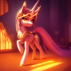 Size: 768x768 | Tagged: safe, derpibooru import, editor:mr-bat, generator:stable diffusion, machine learning generated, daybreaker, armor, crown, embers, golden armor, horn, jewelry, regalia, shadow, sunlight, wingless