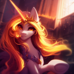 Size: 768x768 | Tagged: safe, derpibooru import, editor:mr-bat, generator:stable diffusion, machine learning generated, daybreaker, alicorn, armor, blonde, blonde hair, glowing, glowing horn, horn, pony ears, raised hoof, raised leg, sunlight