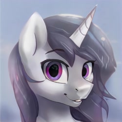 Size: 1024x1024 | Tagged: safe, derpibooru import, machine learning generated, pony, unicorn, ears up, gradient background, looking at you, nostrils, raised eyebrows, smiling, smiling at you, solo, thisponydoesnotexist