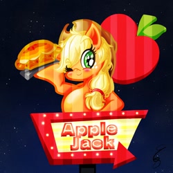 Size: 1064x1064 | Tagged: safe, artist:gokiragon, derpibooru import, applejack, earth pony, pony, apple, apple pie, female, food, mare, night, one eye closed, pie, restaurant, sign, solo, wink