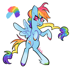 Size: 1080x1080 | Tagged: safe, artist:carconutty, derpibooru import, rainbow dash, pegasus, pony, alternate hairstyle, bipedal, coat markings, cute, dashabetes, dreamworks face, female, grin, mare, ponytail, redesign, reference sheet, simple background, smiling, solo, unshorn fetlocks, white background