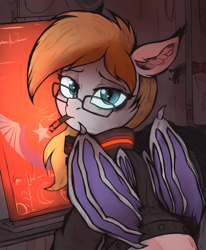 Size: 700x850 | Tagged: safe, artist:tatykin, derpibooru import, oc, oc only, oc:ember eclipse, bat pony, pony, bags under eyes, bat pony oc, bat wings, cigarette, clothes, computer, cyberpunk, dystopia, exhausted, glasses, jacket, leather, leather jacket, looking at you, looking back, looking back at you, male, new lunar republic, no source available, smoking, solo, stare, tired, wings