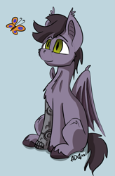 Size: 623x949 | Tagged: safe, artist:agent-diego, derpibooru import, oc, oc only, bat pony, butterfly, pony, augmented, male, simple background, solo, stallion