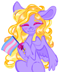 Size: 800x980 | Tagged: safe, artist:webkinzworldz, derpibooru import, lily blossom, pegasus, pony, eyes closed, mouthpiece, pride, pride flag, simple background, smiling, solo, transgender, transgender pride flag, unshorn fetlocks, white background