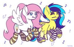 Size: 1500x951 | Tagged: safe, artist:koa, derpibooru import, oc, oc only, oc:koa, pegasus, pony, clothes, colored wings, colored wingtips, eyes closed, flying, leg warmers, music notes, smiling, socks, sparkler (firework), spread wings, striped socks, tongue, tongue out, two toned wings, wings