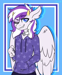 Size: 1200x1450 | Tagged: safe, artist:koa, derpibooru import, oc, oc only, anthro, pegasus, clothes, collar, eyebrows, eyebrows visible through hair, grin, hoodie, horns, looking at you, one eye closed, smiling, smirk, solo, spread wings, wings, wink, winking at you