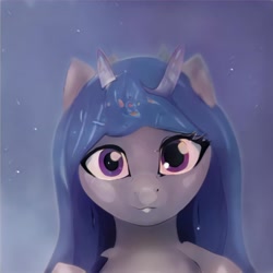 Size: 1024x1024 | Tagged: safe, derpibooru import, machine learning generated, pony, blue mane, bust, ears up, eyelashes, horn, lighting, looking at you, multiple horns, nostrils, purple eyes, solo, thisponydoesnotexist