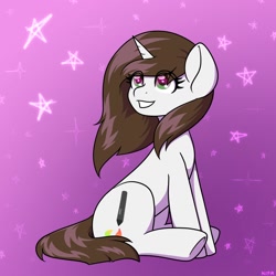 Size: 1500x1500 | Tagged: safe, artist:koa, derpibooru import, oc, oc only, oc:brittneigh ackermane, pony, unicorn, eye clipping through hair, sitting, smiling, solo