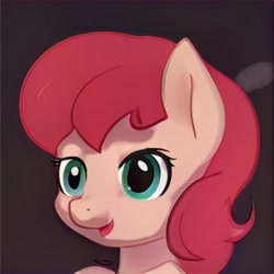 Size: 1024x1024 | Tagged: safe, derpibooru import, machine learning generated, pony, bust, ears up, eyelashes, gradient background, green eyes, nostrils, open mouth, open smile, red mane, shading, smiling, solo, thisponydoesnotexist