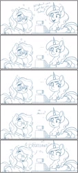 Size: 927x2048 | Tagged: safe, artist:somefrigginnerd, derpibooru import, sweet biscuit, oc, oc:pencil test, earth pony, pony, unicorn, apron, cash register, clothes, comic, crush, dialogue, duo, duo female, female, freckles, glasses, jewelry, mare, monochrome, piercing, shirt, simple background, white background