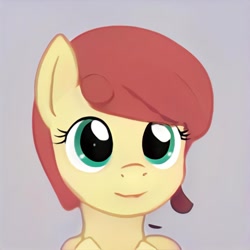 Size: 1024x1024 | Tagged: safe, derpibooru import, machine learning generated, pony, bust, ears up, eyelashes, gray background, green eyes, looking at you, nostrils, red mane, simple background, smiling, smiling at you, solo, thisponydoesnotexist