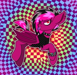 Size: 1500x1474 | Tagged: safe, artist:koa, derpibooru import, oc, oc only, bat pony, pony, bracelet, choker, eye clipping through hair, eyebrows, eyebrows visible through hair, furrowed brow, jewelry, looking at you, one eye closed, raspberry, scene hair, scene kid, solo, spiked choker, spread wings, tongue, tongue out, wings