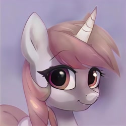 Size: 1024x1024 | Tagged: safe, derpibooru import, machine learning generated, pony, unicorn, bust, ears up, eyebrows, gradient background, looking at you, raised eyebrow, shading, smiling, smiling at you, solo, thick eyelashes, thisponydoesnotexist