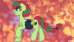 Size: 1920x1080 | Tagged: safe, artist:koa, derpibooru import, oc, oc only, earth pony, pony, bag, eye clipping through hair, eyebrows, eyebrows visible through hair, flower, saddle bag, smiling, solo