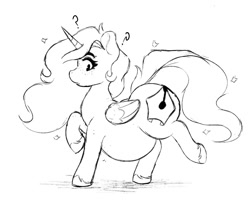 Size: 1053x911 | Tagged: safe, artist:somefrigginnerd, derpibooru import, oc, oc only, oc:pencil test, alicorn, pony, alicorn oc, alicornified, butt, confused, fat, female, freckles, grayscale, horn, large butt, mare, monochrome, question mark, race swap, raised hoof, raised leg, side view, simple background, solo, unshorn fetlocks, white background, wings