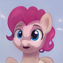 Size: 1024x1024 | Tagged: safe, derpibooru import, machine learning generated, pony, blue eyes, bust, gradient background, nostrils, not pinkie pie, open mouth, open smile, pink mane, raised eyebrows, shading, smiling, solo, thisponydoesnotexist
