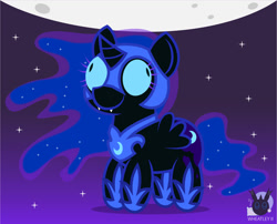 Size: 1460x1177 | Tagged: safe, artist:wheatley r.h., derpibooru exclusive, derpibooru import, nightmare moon, alicorn, chibi, fangs, female, gradient background, mare, moon, night, night sky, simple background, sky, solo, stars, vector, watermark