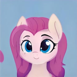 Size: 1024x1024 | Tagged: safe, derpibooru import, machine learning generated, pony, blue eyes, bust, ears up, eyelashes, gradient background, looking at you, nostrils, not pinkie pie, pink mane, raised eyebrows, smiling, smiling at you, solo, thisponydoesnotexist