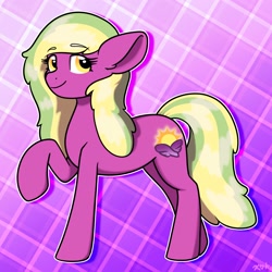 Size: 2000x2000 | Tagged: safe, artist:koa, derpibooru import, oc, oc only, oc:languid warmth, earth pony, pony, eyebrows, eyebrows visible through hair, raised hoof, raised leg, smiling, solo