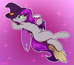 Size: 1880x1653 | Tagged: safe, artist:koa, derpibooru import, oc, oc only, changeling, pony, broom, coffee, eyebrows, eyebrows visible through hair, flying, flying broomstick, hat, one eye closed, solo, sparkles, wink, witch hat
