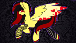 Size: 1920x1080 | Tagged: safe, artist:koa, derpibooru import, oc, oc:koa, pegasus, pony, blood, clothes, colored wings, colored wingtips, ear piercing, earring, fangs, fishnet stockings, jewelry, leg warmers, looking at you, open mouth, piercing, scene hair, socks, solo, striped socks, tongue, tongue out, two toned wings, wings