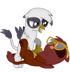 Size: 2578x2645 | Tagged: safe, artist:beesmeliss, derpibooru import, oc, oc only, oc:gareth, oc:gilbert, griffon, chickub, glasses, paw pads, paws, simple background, transparent background, underpaw