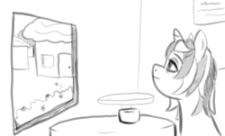 Size: 857x517 | Tagged: safe, artist:zan logemlor, derpibooru import, oc, oc:fine wine, pony, unicorn, female, grayscale, horn, house, mare, monochrome, solo, table, unicorn oc, window