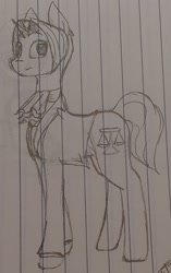 Size: 1014x1617 | Tagged: safe, artist:those kids in the corner, derpibooru import, pony, unicorn, ace attorney, clothes, cravat, miles edgeworth, ponified, species swap, standing, suit, traditional art