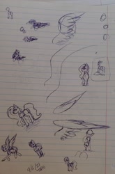 Size: 1716x2602 | Tagged: safe, artist:those kids in the corner, derpibooru import, fluttershy, earth pony, pegasus, pony, flying, head turn, practice drawing, sketch, traditional art, wings