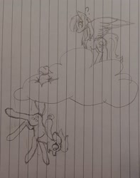 Size: 1498x1904 | Tagged: safe, artist:those kids in the corner, derpibooru import, applejack, rainbow dash, earth pony, pegasus, pony, cloud, confused, falling, scared, traditional art