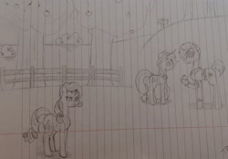 Size: 2758x1920 | Tagged: safe, artist:those kids in the corner, derpibooru import, applejack, rarity, trenderhoof, earth pony, pony, unicorn, angry, fence, looking at each other, looking at someone, sweet apple acres, traditional art