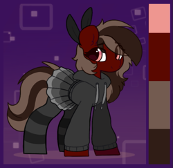 Size: 719x699 | Tagged: safe, artist:flixanoa, derpibooru import, oc, oc only, earth pony, pony, clothes, earth pony oc, eye clipping through hair, female, hoodie, mare, reference sheet, skirt, socks, striped socks