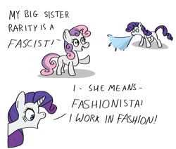 Size: 1590x1348 | Tagged: safe, artist:vycanismelodis, derpibooru import, rarity, sweetie belle, pony, unicorn, belle sisters, dialogue, female, filly, foal, mare, siblings, simple background, sisters, spitting, white background
