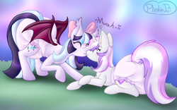 Size: 2250x1400 | Tagged: safe, artist:plinkie_poi, derpibooru import, oc, oc only, oc:glam rock, oc:star shower, bat pony, pony, unicorn, diaper, diaper fetish, duo, eyes closed, fetish, kissing, poofy diaper