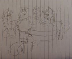 Size: 2344x1920 | Tagged: safe, artist:those kids in the corner, derpibooru import, oc, earth pony, pegasus, pony, unicorn, chair, leaning, leaning back, poker, poker chips, smiling, table, traditional art, unnamed character, unnamed oc, unnamed pony