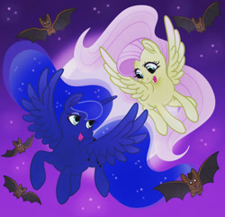 Size: 640x616 | Tagged: safe, artist:stormywitch90, derpibooru import, fluttershy, princess luna, alicorn, bat, pegasus, pony, cute, duo, duo female, female, flying, full moon, looking at each other, looking at someone, lunabetes, mare, moon, night, night sky, open mouth, open smile, shyabetes, sky, smiling, stars