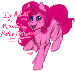 Size: 1518x1451 | Tagged: safe, artist:shinigami-of-excellence, derpibooru import, pinkie pie, earth pony, pony, dialogue, female, looking at you, mare, open mouth, open smile, signature, simple background, smiling, smiling at you, solo, transparent background, vulgar