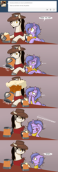 Size: 1280x3831 | Tagged: safe, artist:lolepopenon, derpibooru import, oc, oc:billie, oc:wildcard, earth pony, pony, ask, ask billie the kid, female, filly, foal, hat, male, prank, stallion