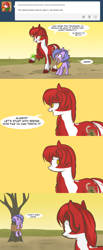 Size: 1280x3117 | Tagged: safe, artist:lolepopenon, derpibooru import, oc, oc:billie, oc:desert willow, earth pony, pony, ask, ask billie the kid, comic, rope, shrunken pupils, tied up, tree