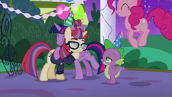 Size: 1280x720 | Tagged: safe, derpibooru import, screencap, moondancer, pinkie pie, spike, twilight sparkle, twilight sparkle (alicorn), alicorn, earth pony, pony, unicorn, amending fences, season 5, cute, dancerbetes, diapinkes, female, folded wings, happy, hug, jumping, male, mare, smiling, trio, trio female, twiabetes, wings