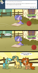 Size: 1152x2198 | Tagged: safe, artist:lolepopenon, derpibooru import, oc, oc:billie, earth pony, pony, ask, ask billie the kid, ball