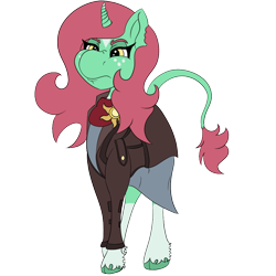 Size: 1000x1000 | Tagged: safe, artist:gray star, derpibooru import, oc, oc:minty shine (graystar), classical unicorn, unicorn, fallout equestria, clothes, cloven hooves, cultist, curved horn, dress, fallout equestria:all things unequal (pathfinder), female, freckles, grumpy, horn, jacket, leonine tail, simple background, tail, transparent background, unshorn fetlocks, wingding eyes