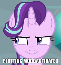 Size: 1346x1440 | Tagged: safe, derpibooru import, edit, edited screencap, screencap, starlight glimmer, pony, unicorn, a matter of principals, caption, cropped, female, image macro, mare, meme, plotting, plotting your demise, sinister, smiling, solo, starlight glimmer is best facemaker, text, text edit, up to no good