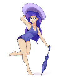 Size: 2110x2575 | Tagged: safe, artist:aquaticvibes, derpibooru import, princess luna, human, breasts, cleavage, clothes, female, hat, high res, humanized, one-piece swimsuit, simple background, solo, swimsuit, umbrella, white background