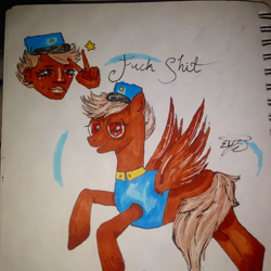 Size: 1080x1080 | Tagged: safe, derpibooru import, oc, oc:shitfuck, human, pegasus, pony, clothes, dark skin, female, hand, hat, humanized, mare, red eyes, smiling, solo, stars, telegram pony, text, traditional art, uniform, vulgar, wings