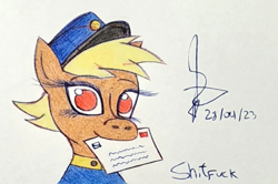 Size: 1030x684 | Tagged: safe, artist:leah_stern67, derpibooru import, oc, oc:shitfuck, pony, blonde, clothes, female, hat, letter, mare, mouth hold, red eyes, signature, simple background, solo, telegram pony, text, traditional art, uniform, unnamed character, unnamed pony, vulgar