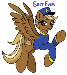 Size: 720x799 | Tagged: safe, artist:evilbnuuy, derpibooru import, oc, oc:shitfuck, pegasus, pony, blonde, clothes, female, flying, hat, mare, red eyes, simple background, solo, telegram pony, text, uniform, vulgar, waving, white background, wings